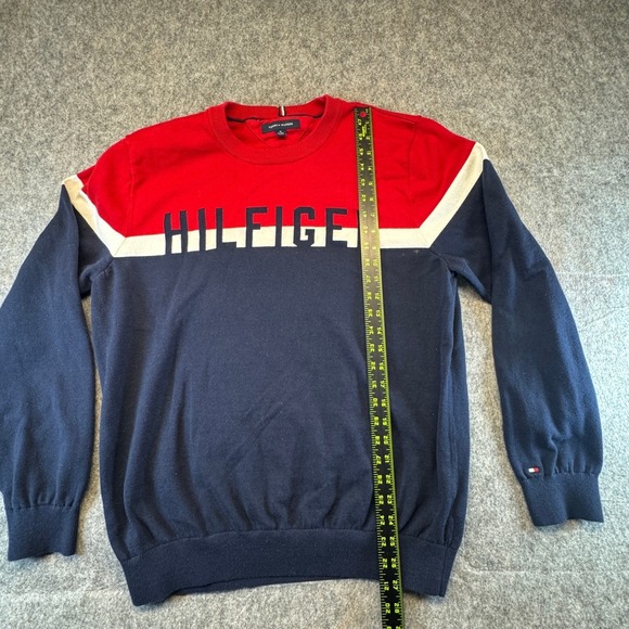 Tommy Hilfiger Mens Crew Neck Sweater Red Navy White Color Block Logo XL - Picture 2 of 9